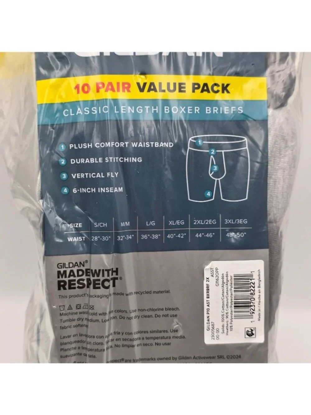 10-Pack GILDAN Men's Size 2XL Classic Boxer Briefs Cotton Comfort Wicking Gray